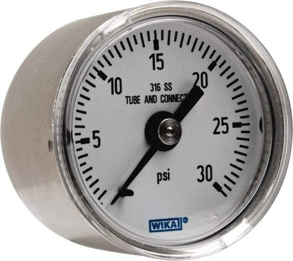 Wika - 1-1/2" Dial, 1/8 Thread, 0-30 Scale Range, Pressure Gauge - Center Back Connection Mount, Accurate to 2.5% of Scale - Industrial Tool & Supply