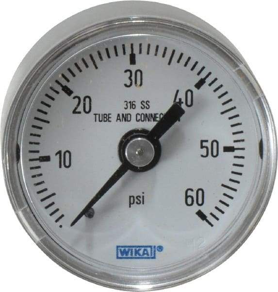 Wika - 1-1/2" Dial, 1/8 Thread, 0-60 Scale Range, Pressure Gauge - Center Back Connection Mount, Accurate to 2.5% of Scale - Industrial Tool & Supply