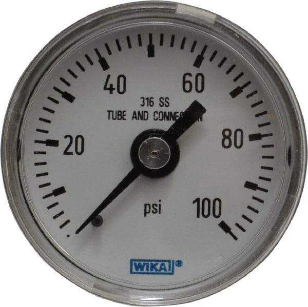 Wika - 1-1/2" Dial, 1/8 Thread, 0-100 Scale Range, Pressure Gauge - Center Back Connection Mount, Accurate to 2.5% of Scale - Industrial Tool & Supply