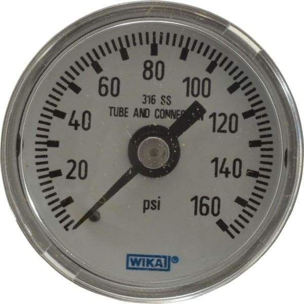 Wika - 1-1/2" Dial, 1/8 Thread, 0-160 Scale Range, Pressure Gauge - Center Back Connection Mount, Accurate to 2.5% of Scale - Industrial Tool & Supply