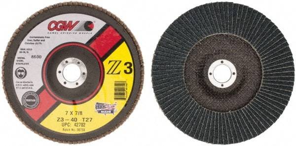 Camel Grinding Wheels - 40 Grit, 7" Disc Diam, 7/8" Center Hole, Type 27 Zirconia Alumina Flap Disc - 8,600 Max RPM, Poly Cotton Backing, Arbor Attaching System, Coated - Industrial Tool & Supply