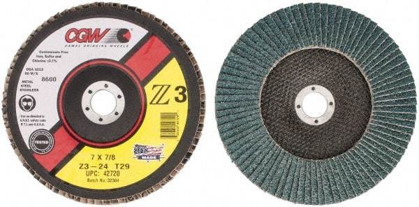 Camel Grinding Wheels - 24 Grit, 7" Disc Diam, 7/8" Center Hole, Type 29 Zirconia Alumina Flap Disc - 8,600 Max RPM, Poly Cotton Backing, Arbor Attaching System, Coated - Industrial Tool & Supply