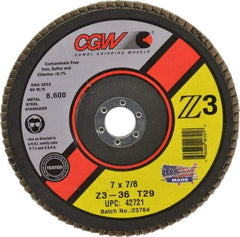 Camel Grinding Wheels - 36 Grit, 7" Disc Diam, 7/8" Center Hole, Type 29 Zirconia Alumina Flap Disc - 8,600 Max RPM, Poly Cotton Backing, Arbor Attaching System, Coated - Industrial Tool & Supply