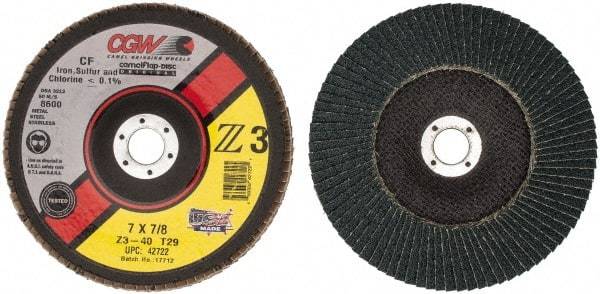 Camel Grinding Wheels - 40 Grit, 7" Disc Diam, 7/8" Center Hole, Type 29 Zirconia Alumina Flap Disc - 8,600 Max RPM, Poly Cotton Backing, Arbor Attaching System, Coated - Industrial Tool & Supply