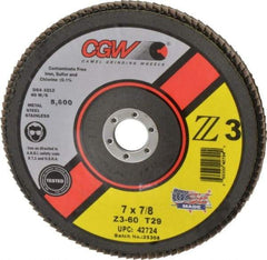 Camel Grinding Wheels - 60 Grit, 7" Disc Diam, 7/8" Center Hole, Type 29 Zirconia Alumina Flap Disc - 8,600 Max RPM, Poly Cotton Backing, Arbor Attaching System, Coated - Industrial Tool & Supply