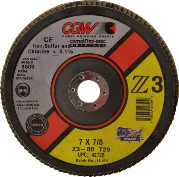 Camel Grinding Wheels - 80 Grit, 7" Disc Diam, 7/8" Center Hole, Type 29 Zirconia Alumina Flap Disc - 8,600 Max RPM, Poly Cotton Backing, Arbor Attaching System, Coated - Industrial Tool & Supply