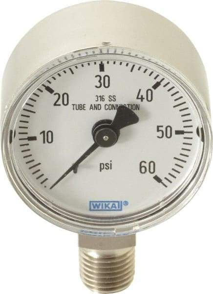 Wika - 2" Dial, 1/4 Thread, 0-60 Scale Range, Pressure Gauge - Lower Connection Mount, Accurate to 2.5% of Scale - Industrial Tool & Supply