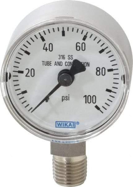 Wika - 2" Dial, 1/4 Thread, 0-100 Scale Range, Pressure Gauge - Lower Connection Mount, Accurate to 2.5% of Scale - Industrial Tool & Supply