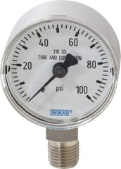 Wika - 2" Dial, 1/4 Thread, 0-100 Scale Range, Pressure Gauge - Lower Connection Mount, Accurate to 2.5% of Scale - Industrial Tool & Supply