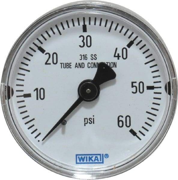 Wika - 2" Dial, 1/4 Thread, 0-60 Scale Range, Pressure Gauge - Center Back Connection Mount, Accurate to 2.5% of Scale - Industrial Tool & Supply