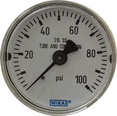 Wika - 2" Dial, 1/4 Thread, 0-100 Scale Range, Pressure Gauge - Center Back Connection Mount, Accurate to 2.5% of Scale - Industrial Tool & Supply