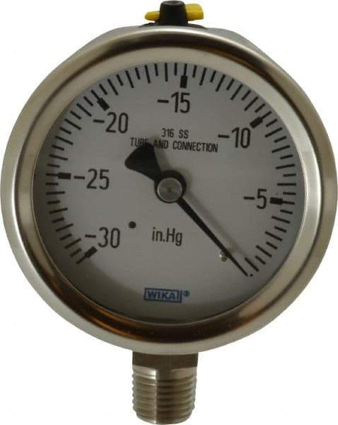 Wika - 2-1/2" Dial, 1/4 Thread, 30-0 Scale Range, Pressure Gauge - Lower Connection Mount, Accurate to 1.5% of Scale - Industrial Tool & Supply