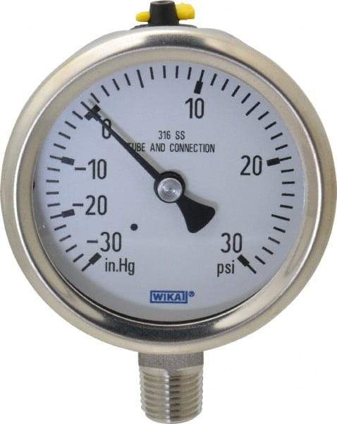 Wika - 2-1/2" Dial, 1/4 Thread, 30-0-30 Scale Range, Pressure Gauge - Lower Connection Mount, Accurate to 1.5% of Scale - Industrial Tool & Supply