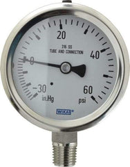 Wika - 2-1/2" Dial, 1/4 Thread, 30-0-60 Scale Range, Pressure Gauge - Lower Connection Mount, Accurate to 1.5% of Scale - Industrial Tool & Supply