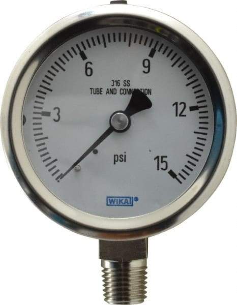Wika - 2-1/2" Dial, 1/4 Thread, 0-15 Scale Range, Pressure Gauge - Lower Connection Mount, Accurate to 1.5% of Scale - Industrial Tool & Supply