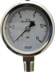 Wika - 2-1/2" Dial, 1/4 Thread, 0-15 Scale Range, Pressure Gauge - Lower Connection Mount, Accurate to 1.5% of Scale - Industrial Tool & Supply