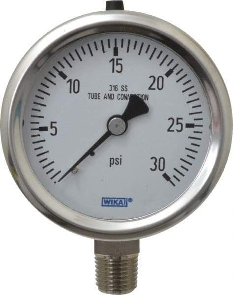 Wika - 2-1/2" Dial, 1/4 Thread, 0-30 Scale Range, Pressure Gauge - Lower Connection Mount, Accurate to 1.5% of Scale - Industrial Tool & Supply