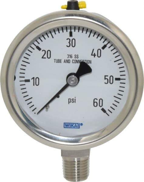 Wika - 2-1/2" Dial, 1/4 Thread, 0-60 Scale Range, Pressure Gauge - Lower Connection Mount, Accurate to 1.5% of Scale - Industrial Tool & Supply