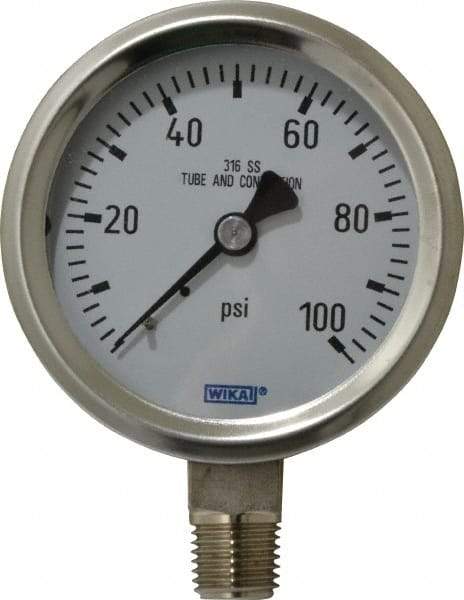 Wika - 2-1/2" Dial, 1/4 Thread, 0-100 Scale Range, Pressure Gauge - Lower Connection Mount, Accurate to 1.5% of Scale - Industrial Tool & Supply