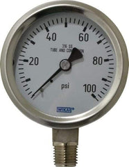 Wika - 2-1/2" Dial, 1/4 Thread, 0-100 Scale Range, Pressure Gauge - Lower Connection Mount, Accurate to 1.5% of Scale - Industrial Tool & Supply