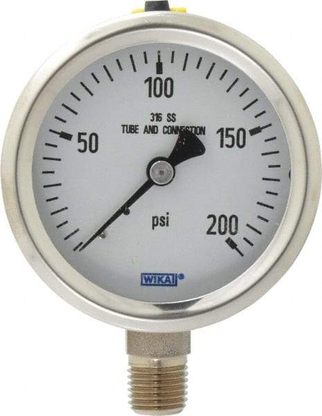 Wika - 2-1/2" Dial, 1/4 Thread, 0-200 Scale Range, Pressure Gauge - Lower Connection Mount, Accurate to 1.5% of Scale - Industrial Tool & Supply