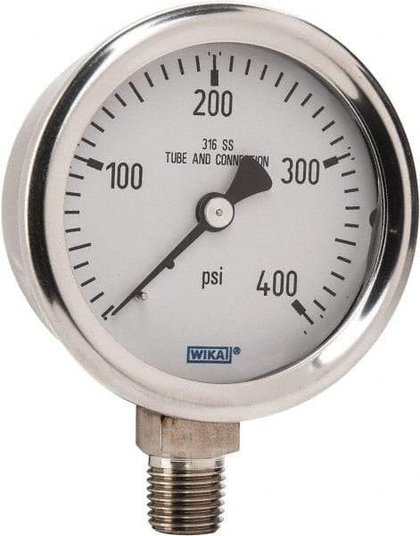 Wika - 2-1/2" Dial, 1/4 Thread, 0-400 Scale Range, Pressure Gauge - Lower Connection Mount, Accurate to 1.5% of Scale - Industrial Tool & Supply
