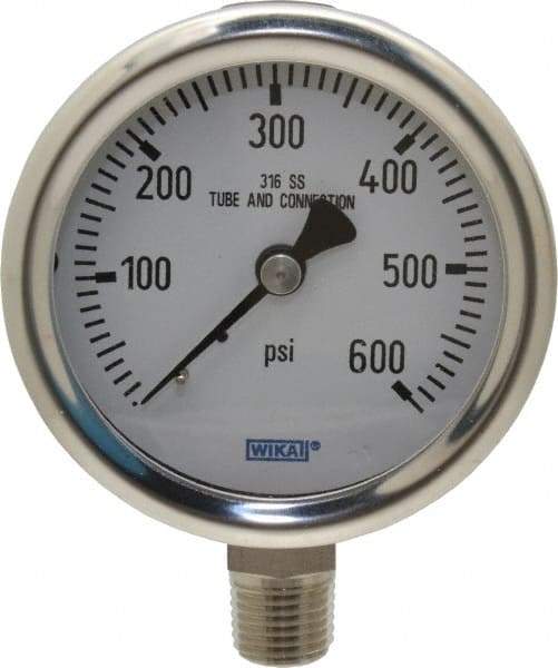 Wika - 2-1/2" Dial, 1/4 Thread, 0-600 Scale Range, Pressure Gauge - Lower Connection Mount, Accurate to 1.5% of Scale - Industrial Tool & Supply