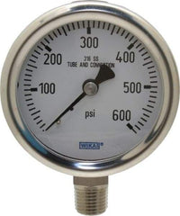 Wika - 2-1/2" Dial, 1/4 Thread, 0-600 Scale Range, Pressure Gauge - Lower Connection Mount, Accurate to 1.5% of Scale - Industrial Tool & Supply