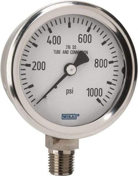 Wika - 2-1/2" Dial, 1/4 Thread, 0-1,000 Scale Range, Pressure Gauge - Lower Connection Mount, Accurate to 1.5% of Scale - Industrial Tool & Supply