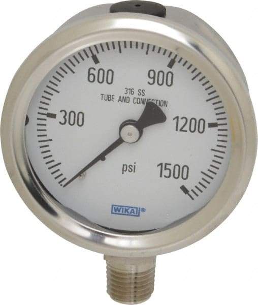 Wika - 2-1/2" Dial, 1/4 Thread, 0-1,500 Scale Range, Pressure Gauge - Lower Connection Mount, Accurate to 1.5% of Scale - Industrial Tool & Supply