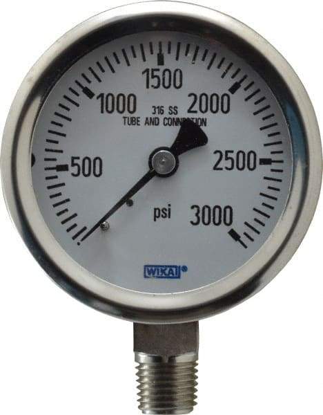 Wika - 2-1/2" Dial, 1/4 Thread, 0-3,000 Scale Range, Pressure Gauge - Lower Connection Mount, Accurate to 1.5% of Scale - Industrial Tool & Supply
