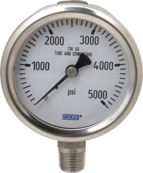 Wika - 2-1/2" Dial, 1/4 Thread, 0-5,000 Scale Range, Pressure Gauge - Lower Connection Mount, Accurate to 1.5% of Scale - Industrial Tool & Supply