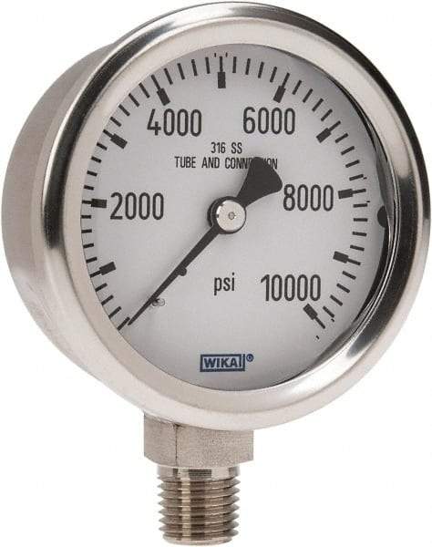 Wika - 2-1/2" Dial, 1/4 Thread, 0-10,000 Scale Range, Pressure Gauge - Lower Connection Mount, Accurate to 1.5% of Scale - Industrial Tool & Supply