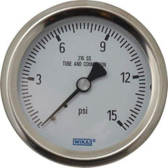 Wika - 2-1/2" Dial, 1/4 Thread, 0-15 Scale Range, Pressure Gauge - Center Back Connection Mount, Accurate to 1.5% of Scale - Industrial Tool & Supply