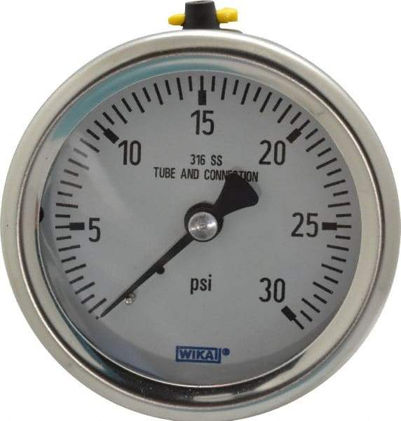 Wika - 2-1/2" Dial, 1/4 Thread, 0-30 Scale Range, Pressure Gauge - Center Back Connection Mount, Accurate to 1.5% of Scale - Industrial Tool & Supply