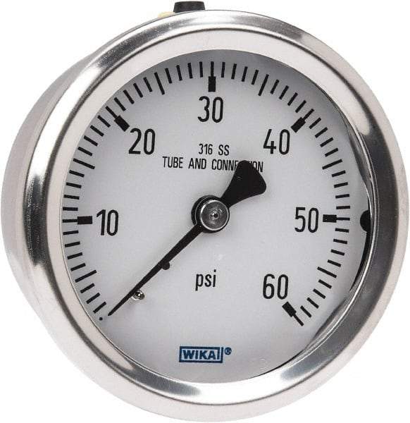 Wika - 2-1/2" Dial, 1/4 Thread, 0-60 Scale Range, Pressure Gauge - Center Back Connection Mount, Accurate to 1.5% of Scale - Industrial Tool & Supply