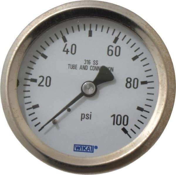 Wika - 2-1/2" Dial, 1/4 Thread, 0-100 Scale Range, Pressure Gauge - Center Back Connection Mount, Accurate to 1.5% of Scale - Industrial Tool & Supply