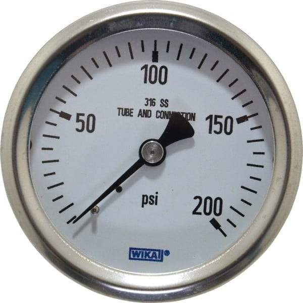 Wika - 2-1/2" Dial, 1/4 Thread, 0-200 Scale Range, Pressure Gauge - Center Back Connection Mount, Accurate to 1.5% of Scale - Industrial Tool & Supply