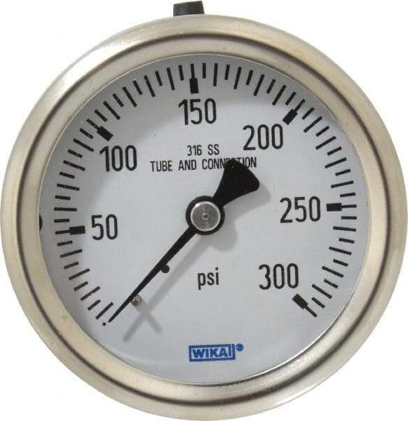 Wika - 2-1/2" Dial, 1/4 Thread, 0-300 Scale Range, Pressure Gauge - Center Back Connection Mount, Accurate to 1.5% of Scale - Industrial Tool & Supply