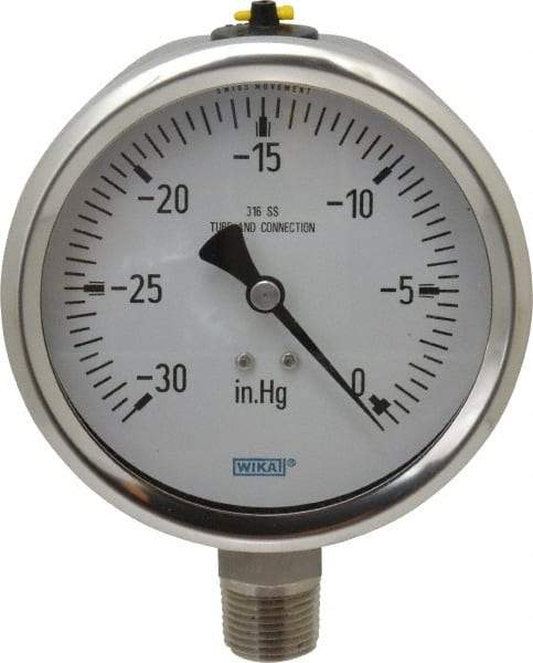 Wika - 4" Dial, 1/2 Thread, 30-0 Scale Range, Pressure Gauge - Lower Connection Mount, Accurate to 1% of Scale - Industrial Tool & Supply
