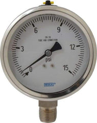 Wika - 4" Dial, 1/2 Thread, 0-15 Scale Range, Pressure Gauge - Lower Connection Mount, Accurate to 1% of Scale - Industrial Tool & Supply