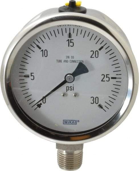Wika - 4" Dial, 1/2 Thread, 0-30 Scale Range, Pressure Gauge - Lower Connection Mount, Accurate to 1% of Scale - Industrial Tool & Supply