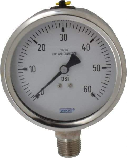 Wika - 4" Dial, 1/2 Thread, 0-60 Scale Range, Pressure Gauge - Lower Connection Mount, Accurate to 1% of Scale - Industrial Tool & Supply