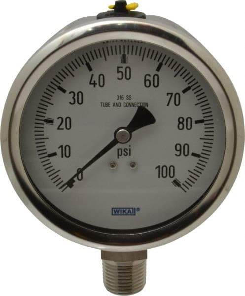Wika - 4" Dial, 1/2 Thread, 0-100 Scale Range, Pressure Gauge - Lower Connection Mount, Accurate to 1% of Scale - Industrial Tool & Supply