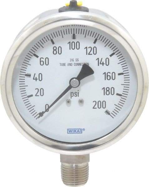 Wika - 4" Dial, 1/2 Thread, 0-200 Scale Range, Pressure Gauge - Lower Connection Mount, Accurate to 1% of Scale - Industrial Tool & Supply