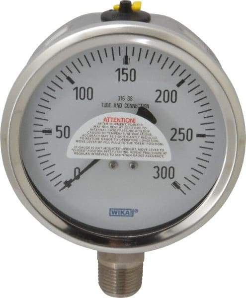 Wika - 4" Dial, 1/2 Thread, 0-300 Scale Range, Pressure Gauge - Lower Connection Mount, Accurate to 1% of Scale - Industrial Tool & Supply