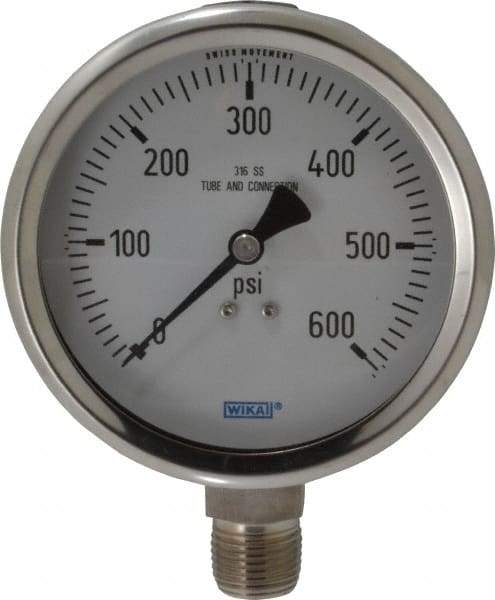 Wika - 4" Dial, 1/2 Thread, 0-600 Scale Range, Pressure Gauge - Lower Connection Mount, Accurate to 1% of Scale - Industrial Tool & Supply