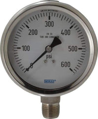 Wika - 4" Dial, 1/2 Thread, 0-600 Scale Range, Pressure Gauge - Lower Connection Mount, Accurate to 1% of Scale - Industrial Tool & Supply