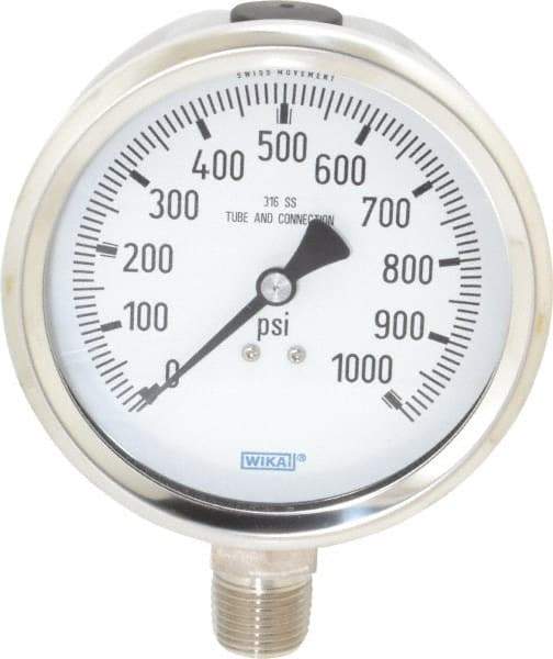 Wika - 4" Dial, 1/2 Thread, 0-1,000 Scale Range, Pressure Gauge - Lower Connection Mount, Accurate to 1% of Scale - Industrial Tool & Supply