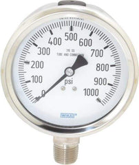 Wika - 4" Dial, 1/2 Thread, 0-1,000 Scale Range, Pressure Gauge - Lower Connection Mount, Accurate to 1% of Scale - Industrial Tool & Supply